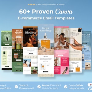 Puede incluir: Imagen promocional que muestra varias plantillas de correo electrónico de comercio electrónico. La imagen presenta una colección de diseños de correo electrónico coloridos con imágenes de productos y texto. El texto incluye "60+ Proven Canva E-commerce Email Templates".