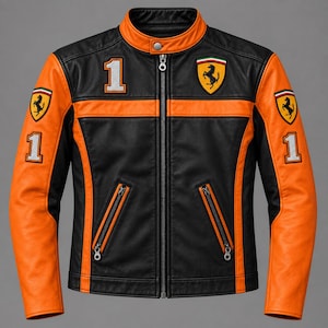 Könnte beinhalten: Eine schwarze und orangefarbene Lederjacke mit Stehkragen, durchgehendem Frontreißverschluss und zwei Reißverschlusstaschen an der Taille. Auf Brust und Ärmeln befinden sich die Zahl 1 sowie das Ferrari-Logo mit springendem Pferd in Gelb, Schwarz und Rot.