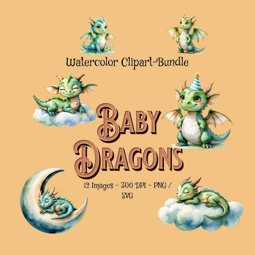 Baby Dragon Clipart Set | 12 Watercolor PNG SVG | Birthday & Nursery ...