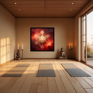 May include: A tranquil yoga studio with wooden flooring and walls. A large framed artwork with a geometric design against a red and orange cloudy backdrop hangs on the wall. Two Buddha statues and candles flank the artwork. Three yoga mats are on the floor.