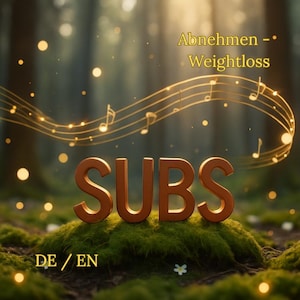 May include: A digital illustration featuring the word "SUBS" in bronze letters on a bed of green moss. The image includes the text "Abnehmen - Weightloss" and musical notes. The background is a blurred forest scene with bokeh effects.