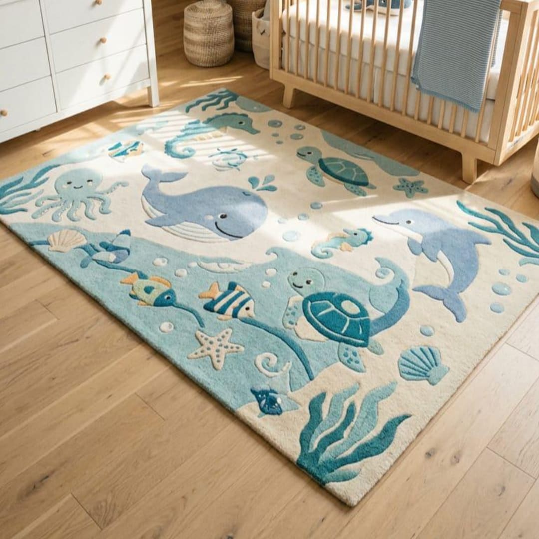 Kids Ocean Rug Nursery Decor | Sea Animals Play Mat | Baby Room Carpet ...
