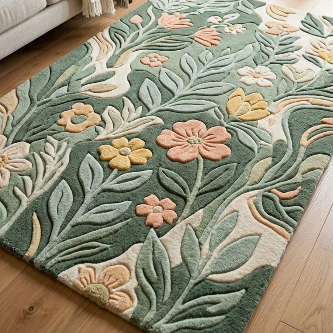 Sage Green Floral Hand Tufted Rug | Botanical Area Rug | Boho Living ...
