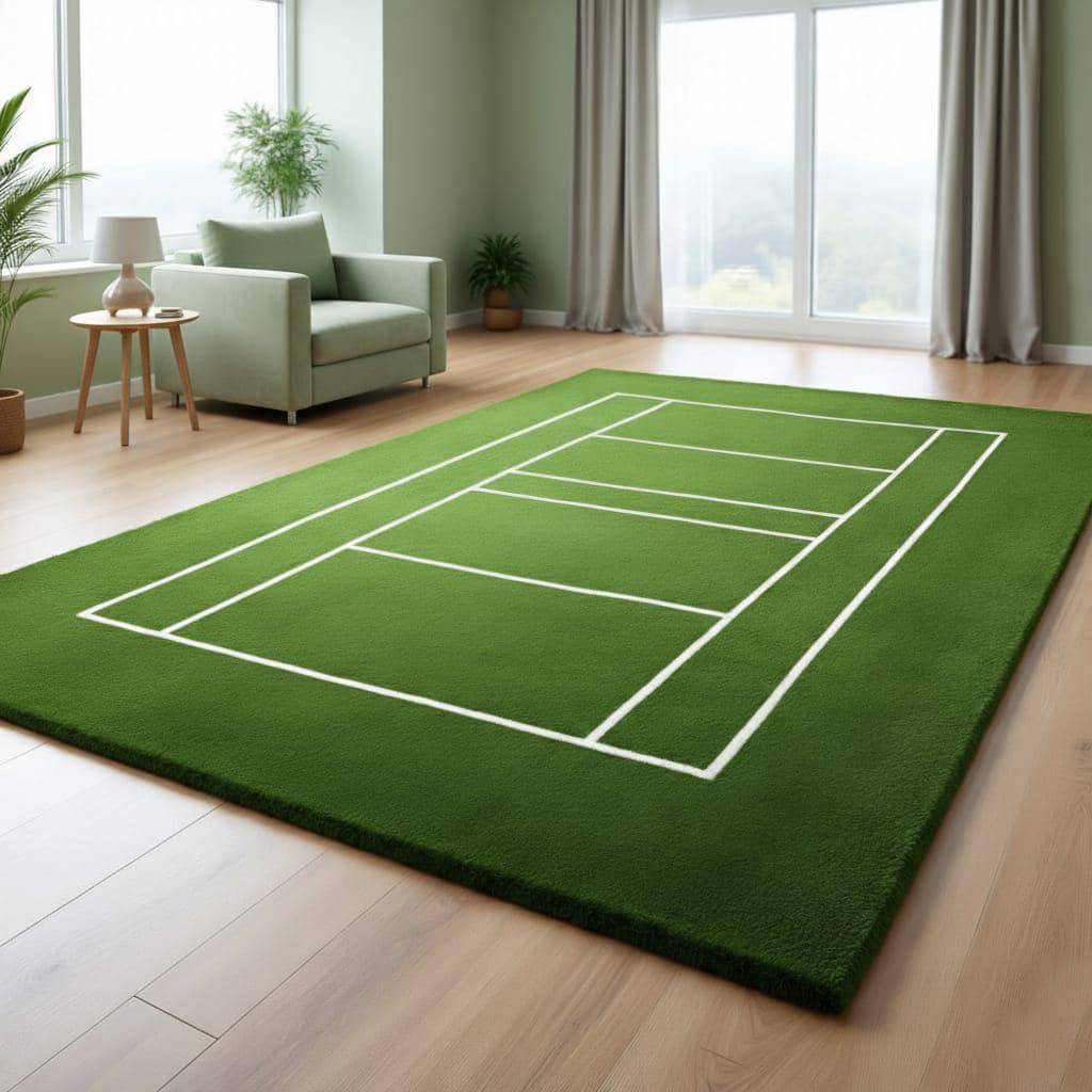 Tennis Coloured Rug Hand Tufted Green Tennis Court Rug, Modern Sports Inspired Wool Area ...