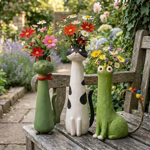 Jarrón con forma de gato original - Maceta de resina con cuello largo para plantas suculentas y flores, maceta artesanal con forma de animal, regalo único para amantes de los gatos, decoración del hogar, 18 cm.