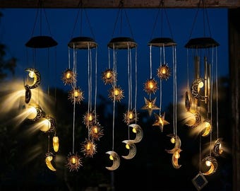 Solar Wind Chimes Outdoor Light Moon Star Sun Celestial Garden Decor Boho Hanging Patio Yard Ornaments Memorial Christmas Gift for Mom Lamp
