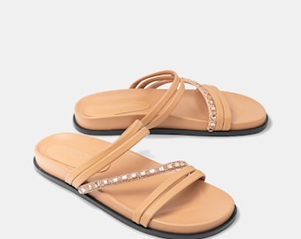Sandalias planas de cuero hechas a mano para mujer – Sandalias minimalistas – Sandalias elegantes de verano – Sandalias cómodas sin cordones – Zapatos casuales de cuero