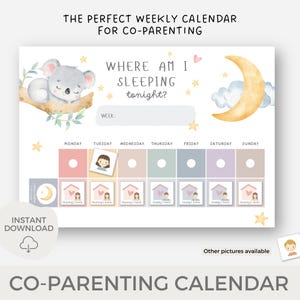 Peut inclure: Un calendrier de coparentalité avec un design à l'aquarelle. Le calendrier présente un koala, une lune et des étoiles. Il comprend des espaces pour la semaine et des entrées quotidiennes avec des icônes de maison et de personne. Le texte comprend "Où vais-je dormir ce soir ?" et "Téléchargement instantané."