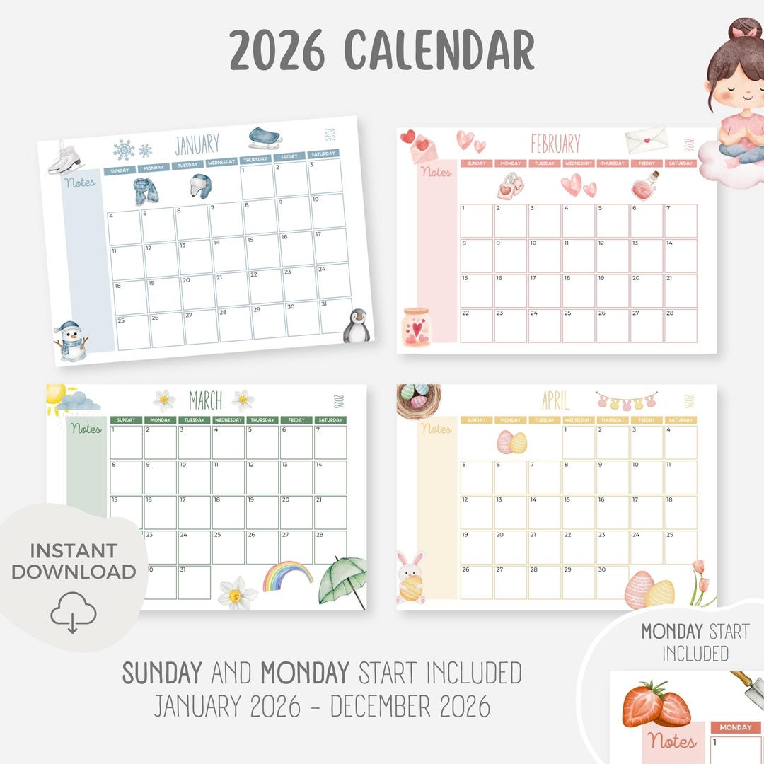 2026 Printable Calendar, Printable Calendar for Children, Kids Monthly ...