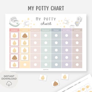 Peut inclure: Un tableau de propreté imprimable avec le texte "MY POTTY CHART" en haut. Le tableau a une grille avec les jours de la semaine et des espaces pour le suivi. Comprend des illustrations d'un pot, de papier toilette et d'autocollants.