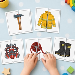 May include: A set of five educational matching cards featuring illustrations of a fire axe, a yellow firefighter jacket, a gas mask, a red fire hose reel, and black firefighter boots, each card split into two pieces for a puzzle activity.