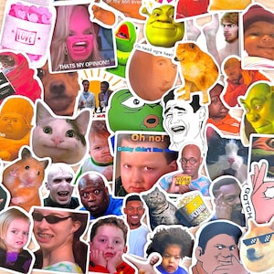 May include: A selection of vibrant meme stickers, showcasing popular internet memes and cultural references. The stickers feature images of cats, faces, and text such as "That's my opinion!!" and "Oh no!".