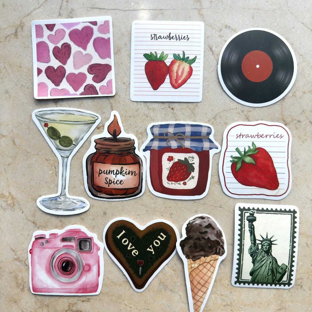 Vintage Aesthetic Stickers Pack, Watercolor Coffee Pastry Strawberry ...