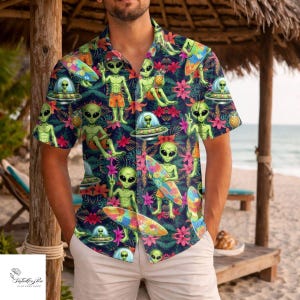 Alien Hawaiian Shirt, Funny UFO Alien Surfing Aloha Button Up, Tropical Space Print Beach Shirt, Vacation Outfit for Men, Sci Fi Lover Gift