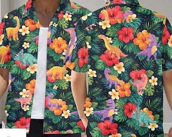 Dinosaur Hawaiian Shirt, Tropical Dino Aloha Shirt, Nature Floral Button Up Top, Summer Vacation Beach Shirt, Colorful Dino Print Gift