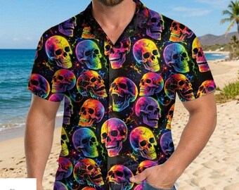 Neon Skull Hawaiian Shirt, Colorful Skull Aloha Shirt Men, Gothic Beach Shirt, Tropical Party Shirt for Men, Summer Vacation Shirt Men Women