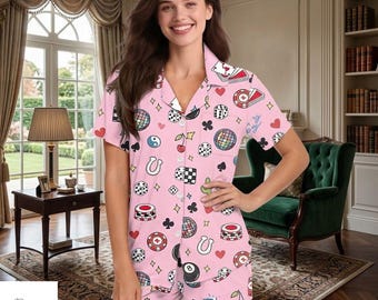 Pink Las Vegas Casino Pajama Set Women, Gambling Print Sleepwear, Dice Card Lounge Set, Bachelorette Trip Loungewear Gift for Women