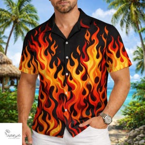 Men's Flame Hawaiian Aloha Shirt, Tropical Summer Beach Vacation Button-Up