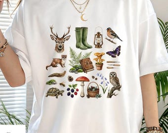 Cottagecore Forest Shirt, Woodland Animal T Shirt, Mushroom Botanical Tee, Outdoor Hiking Shirt, Vintage Nature Aesthetic Tee