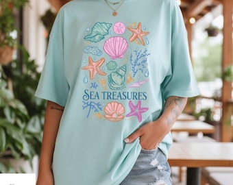 Sea Treasures Shirt, Coastal Graphic Tee, Coquette Beach Vacation, Seashell Starfish T Shirt, Summer Ocean Casual Tee Men Women