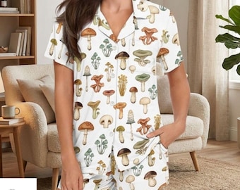 Mushroom Pajama Set Women, Cottagecore Sleepwear, Summer Party Comfy for Her, Nature Aesthetic Loungewear, Short Sleeve Pajamas Nightwear