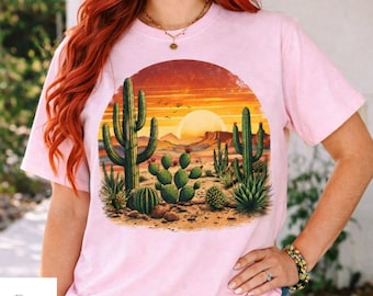 Desert Cactus Sunset Shirt, Western Desert Landscape Shirt, Vintage Southwest T Shirt, Boho Cactus Tee, Western Graphic Tee for Men Women