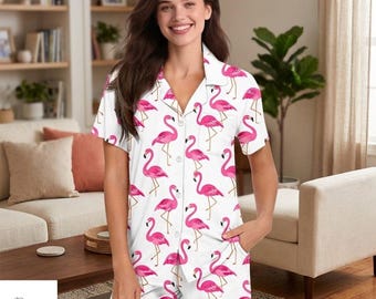 Flamingo Pajama Set Women, Birthday Summer Sleepwear, Pink Flamingo PJs, Tropical Summer Loungewear, Comfy Nightwear for Women