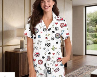 Vegas Theme Pajama Set Women, Casino Sleepwear, Gambling Print PJs, Dice Card Pajama Set, Party Loungewear Comfy Nightwear for Women