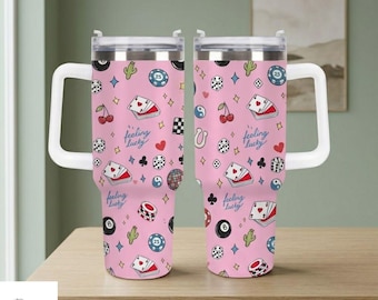 Pink Casino Tumbler With Handle 40oz, Gambling Print Tumbler, Feeling Lucky Travel Mug, Vegas Theme Cup, Cute Lucky Drinkware