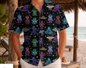 Alien Hawaiian Shirt Men, UFO Space Aloha Shirt, Funny Galaxy Button Up Shirt, Neon Alien Print Shirt, Summer Vacation Beach Shirt