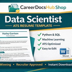 May include: A teal and gold graphic promoting a Data Scientist ATS Resume Template. The resume template includes sections for summary, skills, and work experience. Features include Python & SQL, Machine Learning, and ATS optimization.
