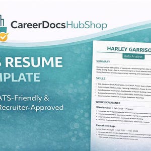 Könnte beinhalten: Eine Lebenslaufvorlage mit dem Text "ATS RESUME TEMPLATE" und "ATS-Friendly & Recruiter-Approved". Das Lebenslaufbeispiel enthält die Berufsbezeichnung "Data Analyst" und listet Fähigkeiten und Berufserfahrung auf. Das Logo von CareerDocsHubShop befindet sich oben links.