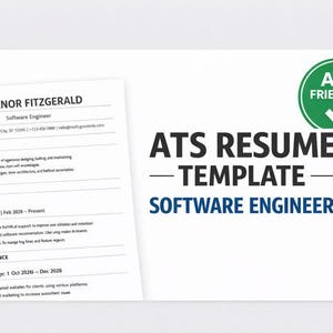 May include: A white resume template for a Software Engineer, with the name Eleanor Fitzgerald at the top. The text "ATS Resume Template - Software Engineer" is displayed in black and blue. A green "ATS Friendly" badge is in the upper right.