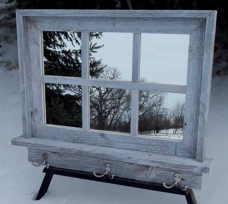 Custom Made Barnwood Framed Mirror with 6 panes, barnwood framed mirror, 6 pane mirror, wall mirror, shelf & hooks, barnwood mirror, mirror weathered white