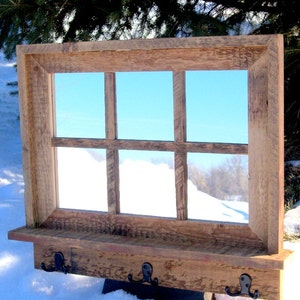 Custom Made Barnwood Framed Mirror with 6 panes, barnwood framed mirror, 6 pane mirror, wall mirror, shelf & hooks, barnwood mirror, mirror rough sawn brown