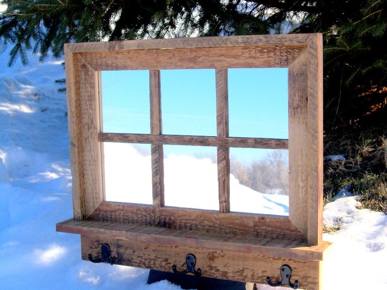 Custom Made Barnwood Framed Mirror with 6 panes, barnwood framed mirror, 6 pane mirror, wall mirror, shelf & hooks, barnwood mirror, mirror rough sawn brown