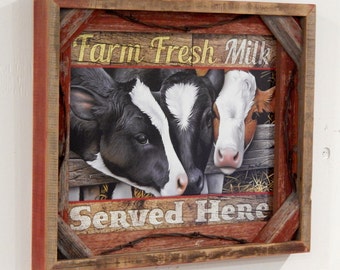 Barnwood Frame with decorative Farm Fresh Milk Served Here photo