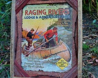 Barnwood Frame with decorative "Raging Rivers" canoeing photo