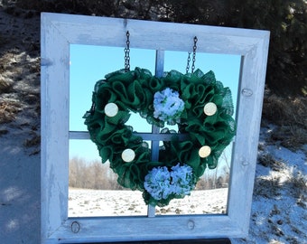 Barnwood Framed 4 Pane Mirror with Rustic Farmhouse Heart Wreath, Barnwood Framed Mirror, Heart Wreath, St. Patrick's  Wreath, Rustic Wreath