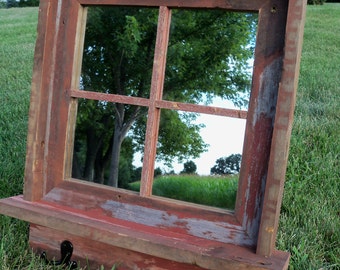 Custom Made Barnwood Framed Mirror with Shelf & Coat Hooks