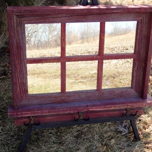 Custom Made Barnwood Framed Mirror with 6 panes, barnwood framed mirror, 6 pane mirror, wall mirror, shelf & hooks, barnwood mirror, mirror weathered red