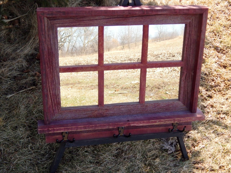 Custom Made Barnwood Framed Mirror with 6 panes, barnwood framed mirror, 6 pane mirror, wall mirror, shelf & hooks, barnwood mirror, mirror weathered red