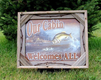 Barnwood Frame with decorative Our Cabin Welcomes All photo