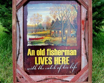 Barnwood Frame with decorative An old fisherman Lives Here with the catch of his life photo