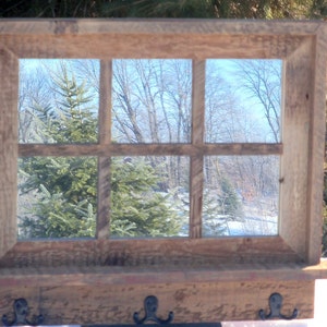 Custom Made Barnwood Framed Mirror with 6 panes, barnwood framed mirror, 6 pane mirror, wall mirror, shelf & hooks, barnwood mirror, mirror image 1