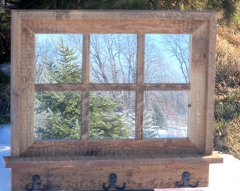 Custom Made Barnwood Framed Mirror with 6 panes, barnwood framed mirror, 6 pane mirror, wall mirror, shelf & hooks, barnwood mirror, mirror