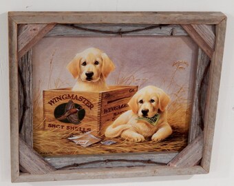 Barnwood Frame with decorative puppies in a box photo