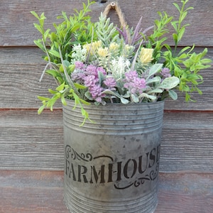 Stenciled Farmhouse Galvanized Tin with Artificial Succulents
