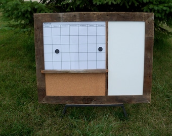 CUSTOM MADE -- Barnwood Framed Message Center with Magnetic Dry Erase Calendar, Chalkboard or Dry Erase Board and Corkboard, message center