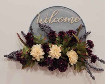 Fall Welcome Wreath: French Blue Screen, Purple & Cream Flowers